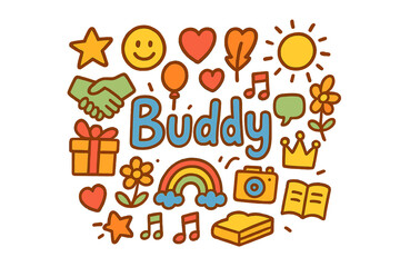 Buddy Doodle Design. Buddy. Hand-drawn doodle illustration of Buddy. handshake, smiley face, star, balloon,