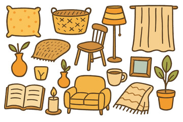 Colorful Kids' Room Decor. Neutral Palette. Colorful Hand-drawn doodle Children illustration Beige pillow, rug, basket, chair, lamp, curtain, vase, book,