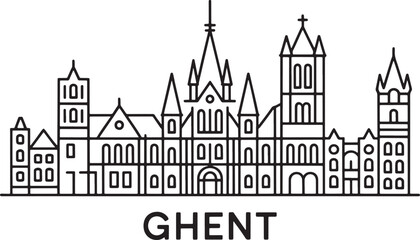 Naklejka premium Ghent Belgium Skyline Silhouette Landmark Vector Cityscape Outline Isolated Symbol