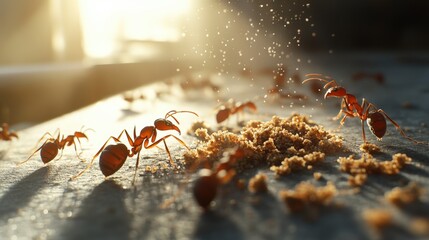 A close-up view of ants gathering food, with sunlight illuminating the scene and dust particles in the air, creating a lively and dynamic atmosphere.