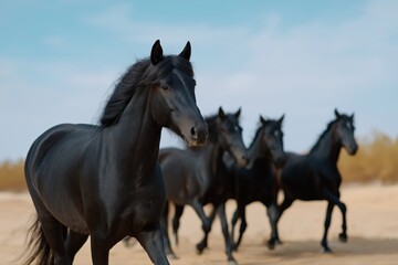Obraz premium Majestic black horses galloping on sandy beach under clear blue sky