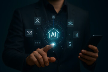 A businessman employs an internet chat bot to exchange and analyse consumer data. A customer care centre using artificial intelligence and CRM software technology