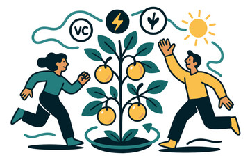 Naklejka premium Vibrant Fruit Growth. Fruit development. Plant glowing with fruits growing from branches. Floating icons of vitamins, energy, and sun rays