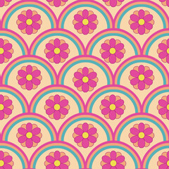70s retro flower scallops seamless vector pattern design