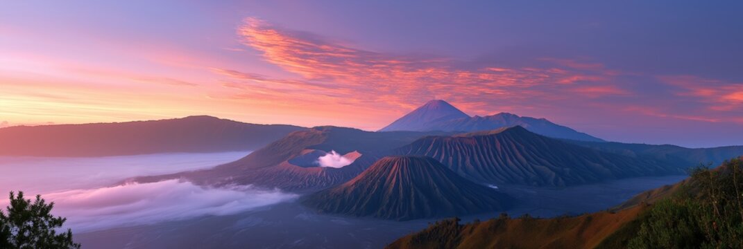 Scenic sunrise over mount bromo volcanic landscape in indonesia