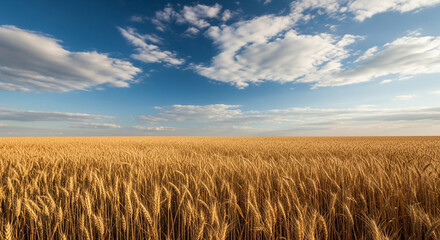 Vast wheat field under a blue sky with fluffy clouds, creating a serene and picturesque landscape of golden crops in the countryside