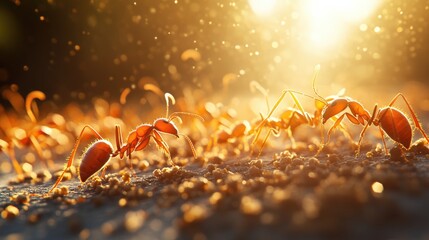 A vibrant close-up of ants foraging in sunlight, showcasing their intricate details and dynamic movement in a warm, golden atmosphere.