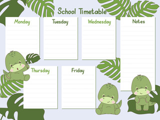 Adorable dinosaur-themed school timetable vector illustration featuring playful green dinosaurs and tropical leaves. Spaces for each weekday and extra notes section for planning.