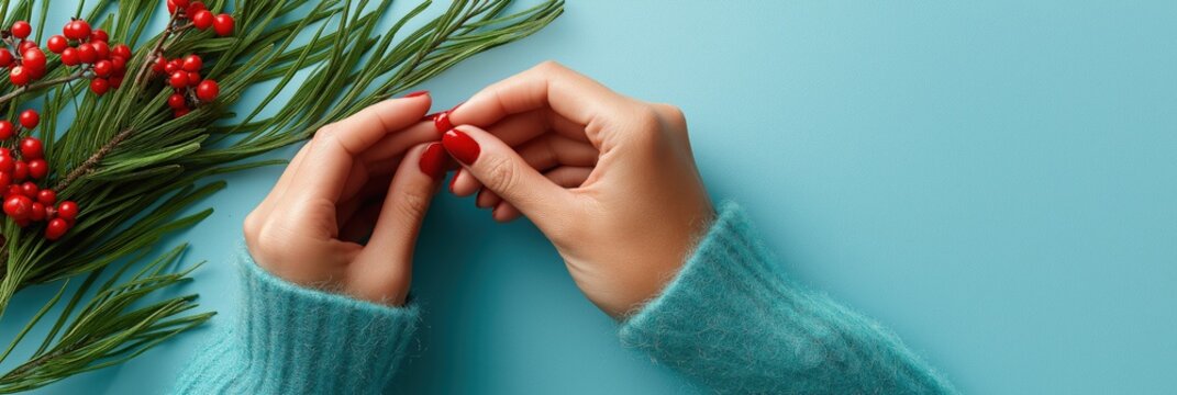 Female hands with red nails holding berries on blue background