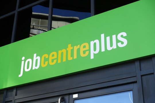 Jobcentre Plus office sign. Jobcentre Plus is a brand used by the Department for Work and Pensions in the United Kingdom.