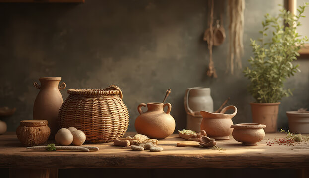 Traditional clay pots and wooden utensils arranged on a kitchen counter, with morning light casting warm shadows, captured realistically to convey authentic and worn textures in a cultural kitchen sce