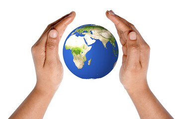 World, earth protected by hands on white background.