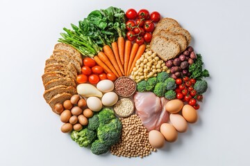 A vibrant assortment of fresh vegetables, fruits, grains, and proteins arranged in a circular pattern, showcasing healthy food choices.
