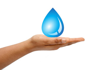 Water drop graphic element in hand on white background.