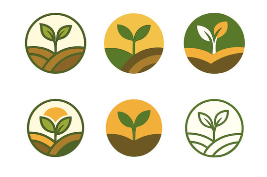 Nature Badge Logos. Organic and plant-based food systems. Set Logo of nature badge: circular logo with plant, sun, and soil layers. harmonious logo variations