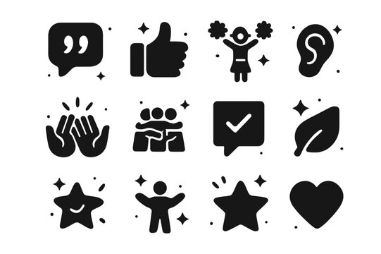 Motivational Icon Set. Motivation and support. Solid icons set of motivational quote, thumbs up, cheerleader, high-five, supportive message, group hug,