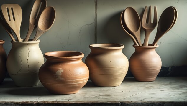Traditional clay pots and wooden utensils arranged on a kitchen counter, with morning light casting warm shadows, captured realistically to convey authentic and worn textures in a cultural kitchen sce