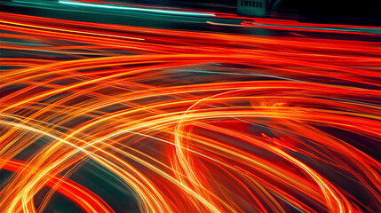 Abstract light trails in vibrant red and orange hues. Long exposure photography creating dynamic curved lines against black background with motion blur effect.