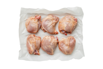 Raw Chicken Thighs: A close-up shot showcases a selection of fresh, raw chicken thighs arranged artfully on a sheet of parchment paper, ready for culinary endeavors. 