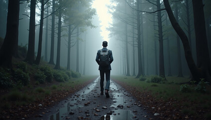 Journey Through Uncertainty &mdash; Solo Figure on Foggy Forest Path. Strong business metaphor for strategy, navigating uncertainty, resilience, growth, and forward momentum. Rear view of a person.