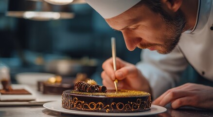 A chef carefully decorates a chocolate cake in a professional kitchen, focused and precise