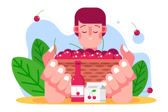 Cartoon Man Holding Woven Basket Full Of Fresh Ripe Cherries With Bottle and Package on Transparent Background