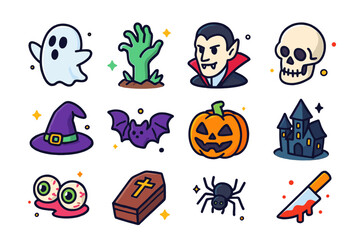 Fototapeta premium Colorful Horror Icons. Horror Icons. Colorful isometric vector icons set of Horror Icons: ghost, zombie hand, vampire, skeleton skull, witch hat, bat, pumpkin