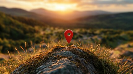 A red location pin rests on a rock amidst lush grass, with a scenic sunset illuminating the distant mountains in the background.