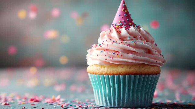 Celebratory Cupcake with Party Hat and Sprinkles for a Birthday.