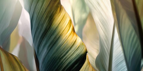 A close-up view of textured, overlapping leaves with shades of green and gold, lit by sunlight