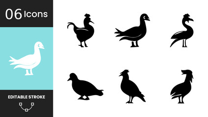6 Black Silhouette Bird Icons Pack: Vector Graphics of Domestic Poultry, Chickens, Roosters, Ducks, and Geese with Editable Stroke