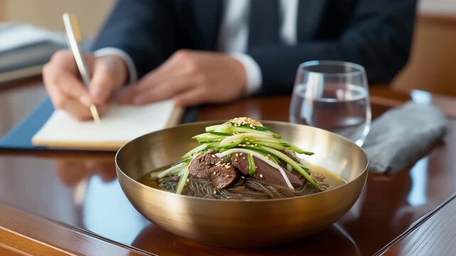 A food critic, their posture upright with a notepad in hand, evaluates Pyeongyang Naengmyeon in a yugi brass bowl at a restaurant table, its surface polished wood. The bowl&rsquo;s metallic curves shine,