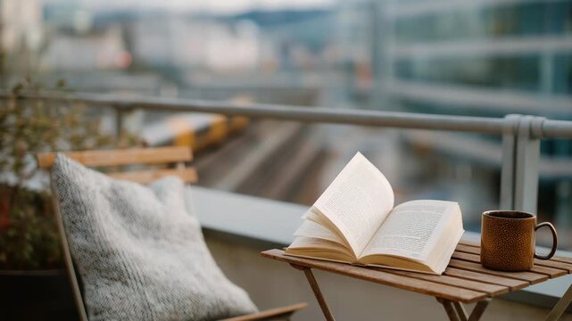 A lone reader, their hands steady, flips through a book on a rooftop, its pages creased and worn. A metal chair, its frame rusted, creaks under their weight. A thermos, its lid dented, steams