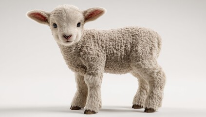 Naklejka premium A fluffy, adorable lamb stands on a white backdrop, gazing directly at the viewer