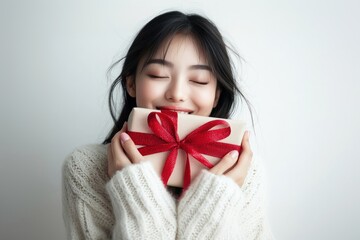 Fototapeta premium An Asian woman is hugging her Christmas present face background sweater.