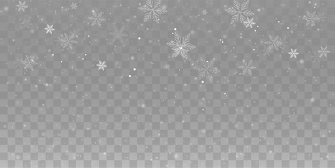 Snowflakes vector, falling snow background transparent. Winter cold weather, white flakes flying in air, frosty particles texture, frozen crystal overlay, holiday season cold atmosphere.


