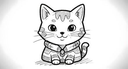 Obraz premium Cute cartoon cat wearing a cozy sweater in black and white illustration