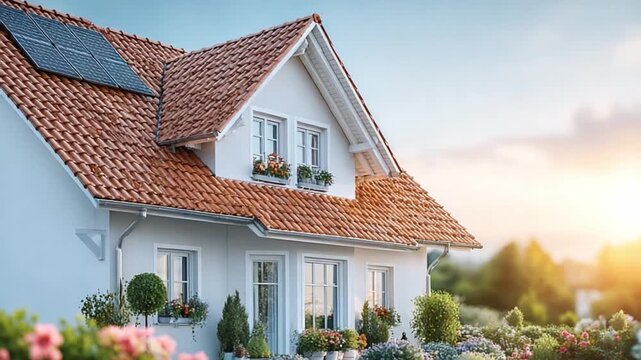 Home Sweet Home: A picturesque residential home with a terracotta roof, a charming architectural style, and solar panel integration, basking in the warm light of the sun.