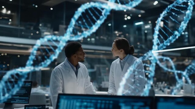 Futuristic biotechnology laboratory glowing with advanced equipment where scientists interact with holographic DNA sequencing strands floating in mid-air, symbolizing precision genetics, biotech