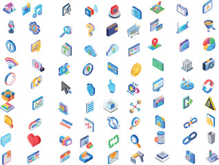 Colorful 3D Isometric UI/UX Icons Set - Technology, Data, Business & Digital Media Collection