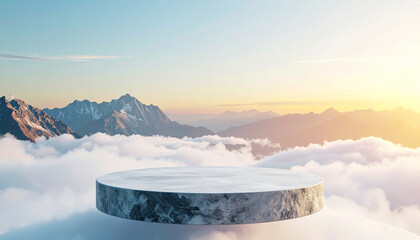 Round stone podium floating above clouds overlooking mountain peaks, golden sunlight and mist
