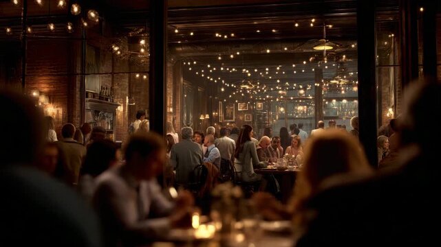 Crowded restaurant with warm evening lighting