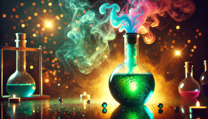 A glowing Erlenmeyer flask filled with a bubbling, vibrant emerald green liquid, emitting colorful, dramatic wisps of smoke in shades of pink, blue