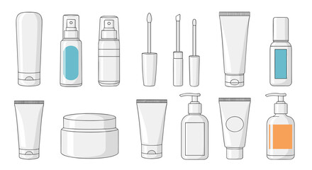 Collection of various beauty and cosmetic containers for skincare and makeup products.