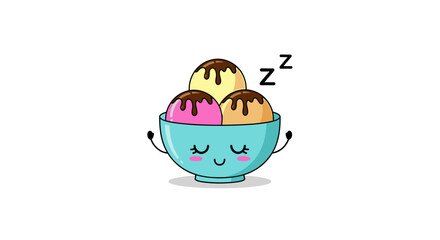 A cute bowl of ice cream with three scoops is sleeping peacefully.
