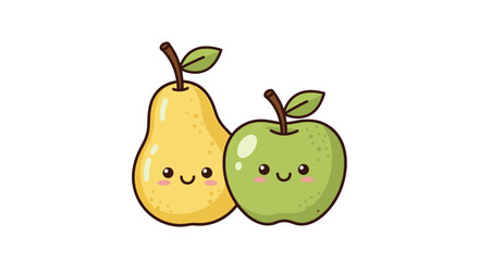 Cute cartoon pear and apple characters with smiling faces.