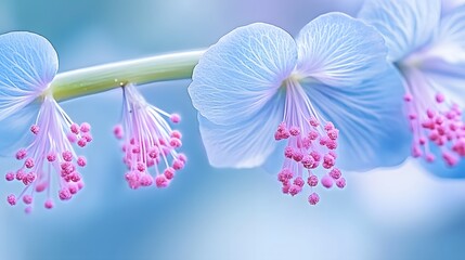 Fototapeta premium Delicate light blue flower petals with pink stamen, soft focus floral design