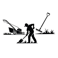 Dynamic black silhouette graphic of a gardener working with a shovel, surrounded by lawn care equipment and grass.