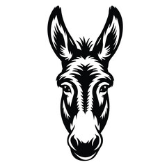 Highly detailed black and white illustration of a donkey's head, featuring a serious, strong, and vintage mascot design.