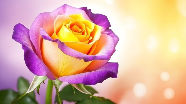 Close-up rose flower in full bloom displaying the vibrant yellow and purple color